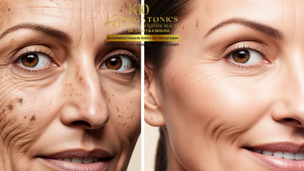 Before and after image showcasing the dramatic results of a KM Orgatonics chemical peel treatment. The left side displays a face with wrinkles, age spots, and uneven skin tone. The right side reveals smoother, brighter, and more youthful-looking skin after the treatment.