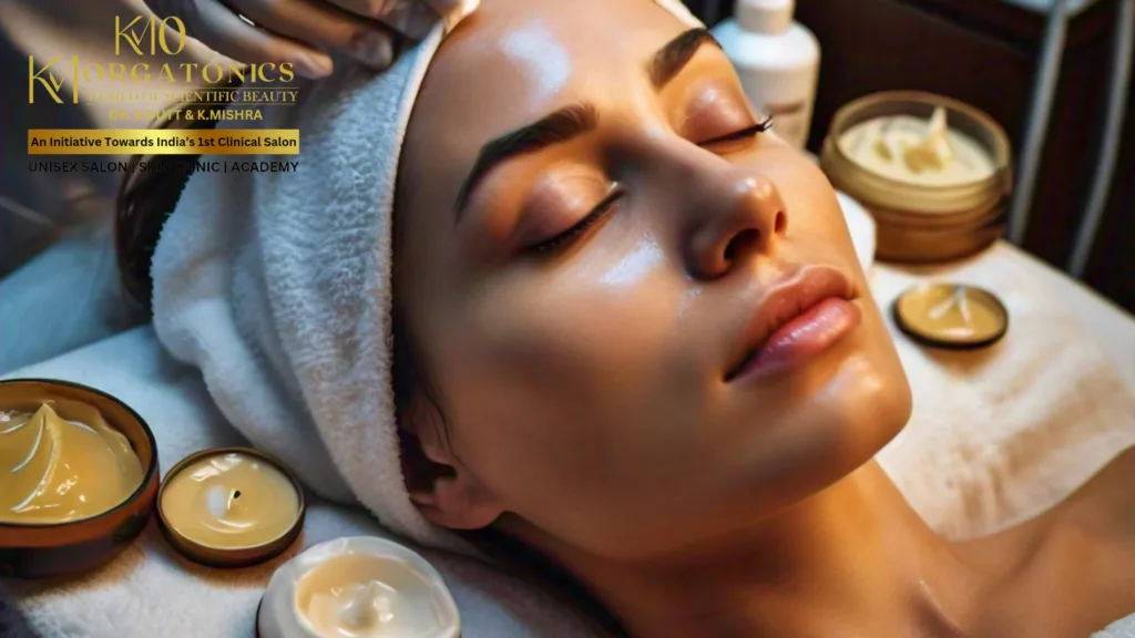 Woman receiving a facial treatment at KM Orgatonics Skin Clinic in Gorakhpur.