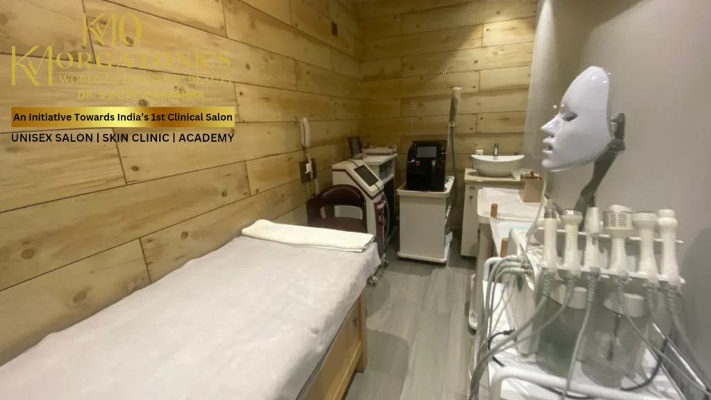 The modern and well-equipped treatment room at KM Orgatonics, featuring advanced skincare technology.