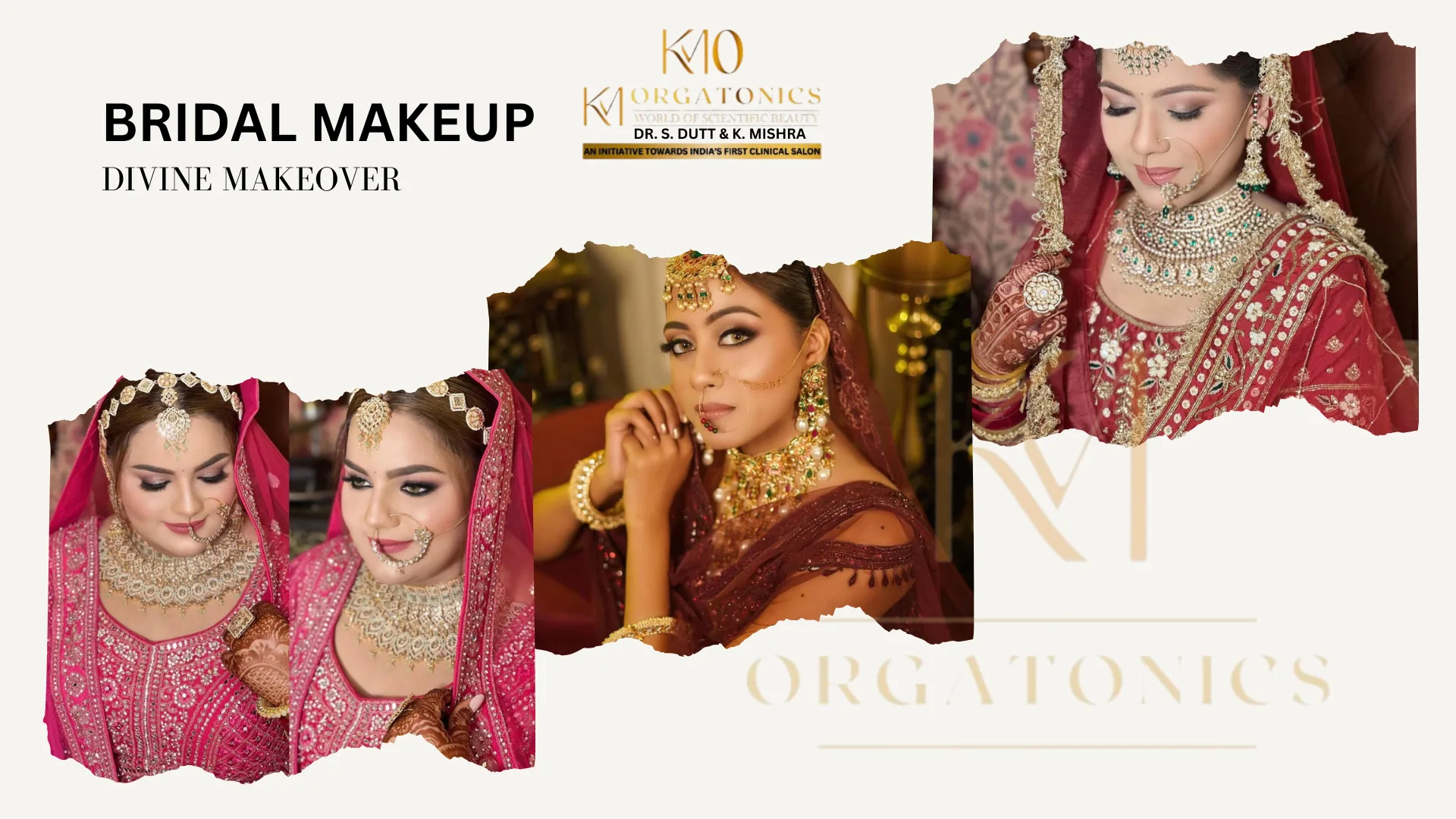 Divine bridal makeovers by KM Orgatonics in Gorakhpur. Images showcase stunning Indian brides with flawless makeup and exquisite bridal jewelry.