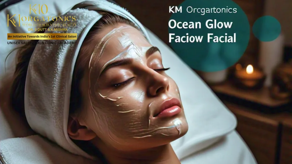 A woman relaxes with a KM Orgatonics Ocean Glow Facial, a luxurious treatment offered at their unisex salon, skin clinic, and academy.