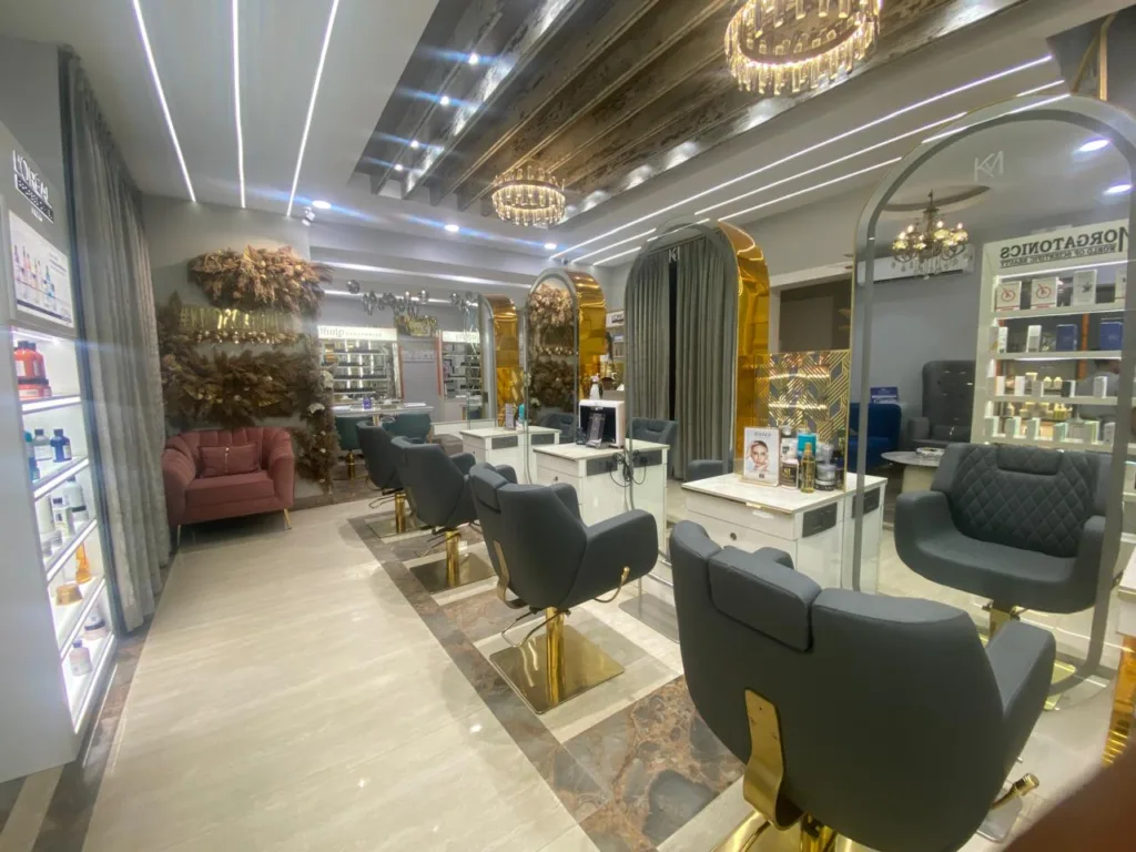 The elegant interior of KM Orgatonics in Gorakhpur, featuring comfortable salon chairs, product displays, and stylish decor, creating a relaxing atmosphere.