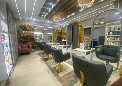 The elegant interior of KM Orgatonics in Gorakhpur, featuring comfortable salon chairs, product displays, and stylish decor, creating a relaxing atmosphere.