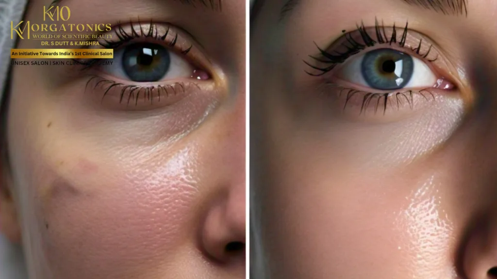 Before-and-after image showcasing the effectiveness of a skin treatment at KM Orgatonics, demonstrating a visible reduction in blemishes.