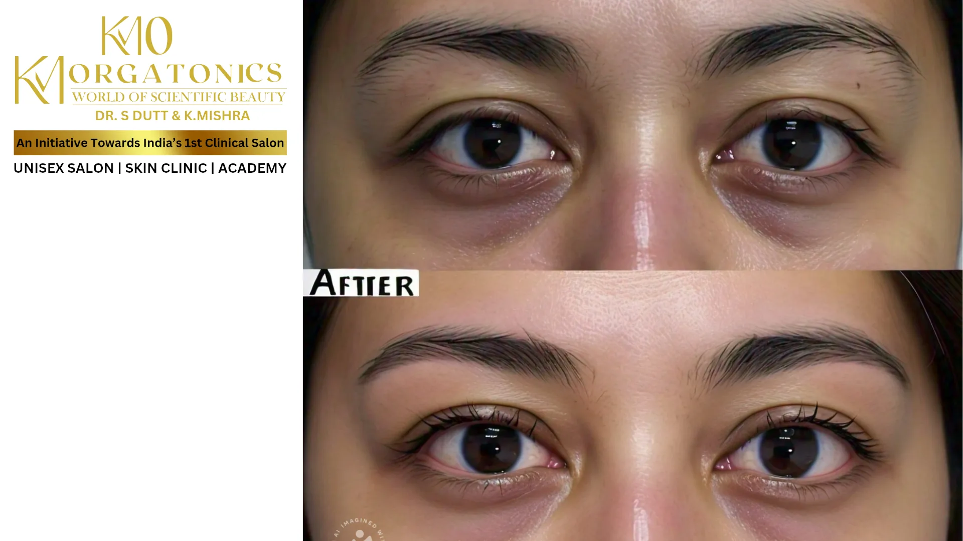 Before & After image showcasing the effectiveness of KM Orgatonics' under-eye treatment in reducing dark circles.