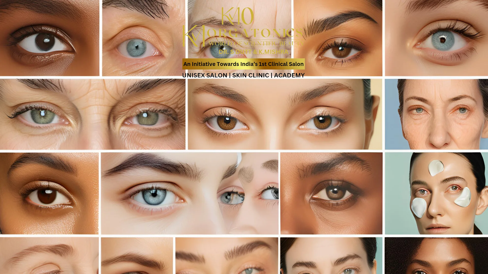 Collage showcasing diverse eyes and skin tones, highlighting KM Orgatonics' expertise in under-eye treatments.