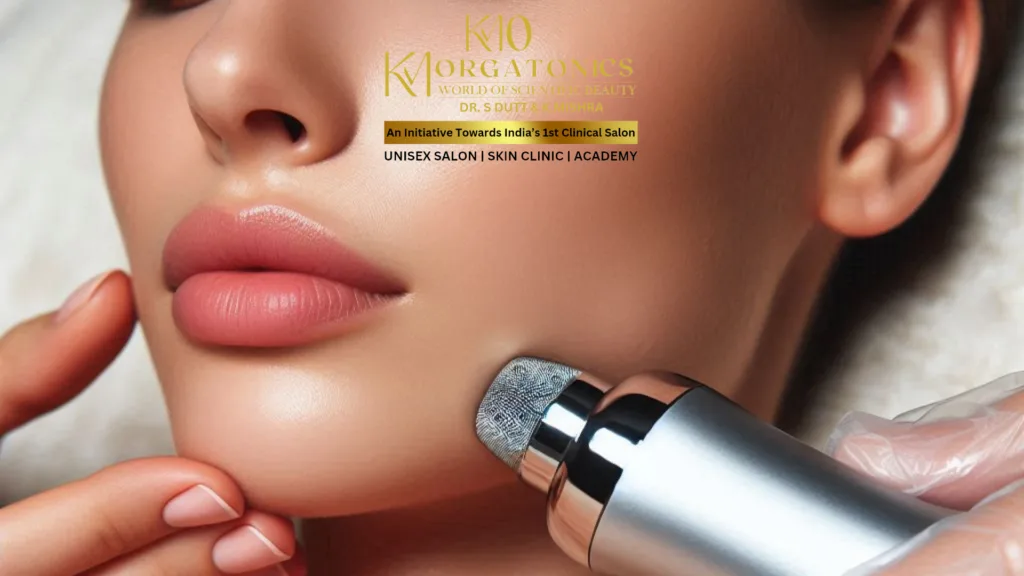 Best HydraFacial treatment in Gorakhpur by KM Orgatonics, showing a close-up of the HydraFacial device on a woman's face, illustrating the skin rejuvenation process.