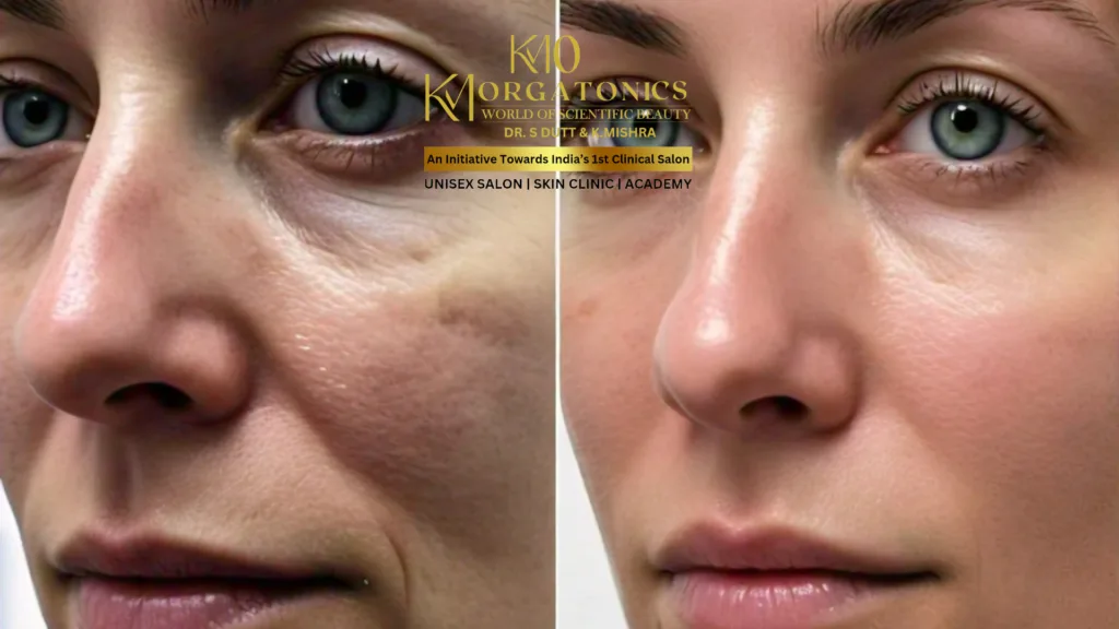 Before and after photo showcasing the results of a chemical peel treatment performed at KM Orgatonics. The left side shows skin with fine lines and wrinkles, while the right side reveals smoother, rejuvenated skin after the treatment.