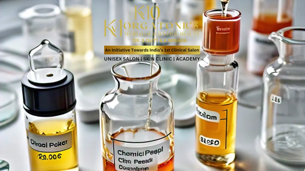 Scientifically formulated chemical peel solutions at KM Orgatonics. This image showcases the precision and care taken in preparing high-quality skincare treatments.