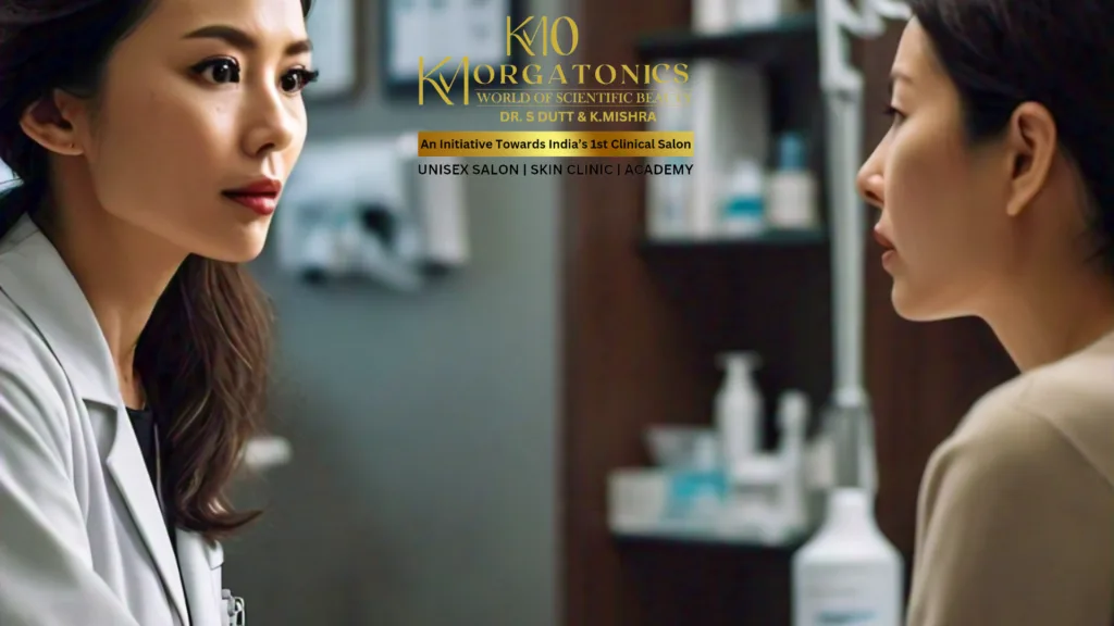 A dermatologist consults with a patient at KM Orgatonics, discussing skincare options like chemical peels. The clinic specializes in scientific beauty treatments.