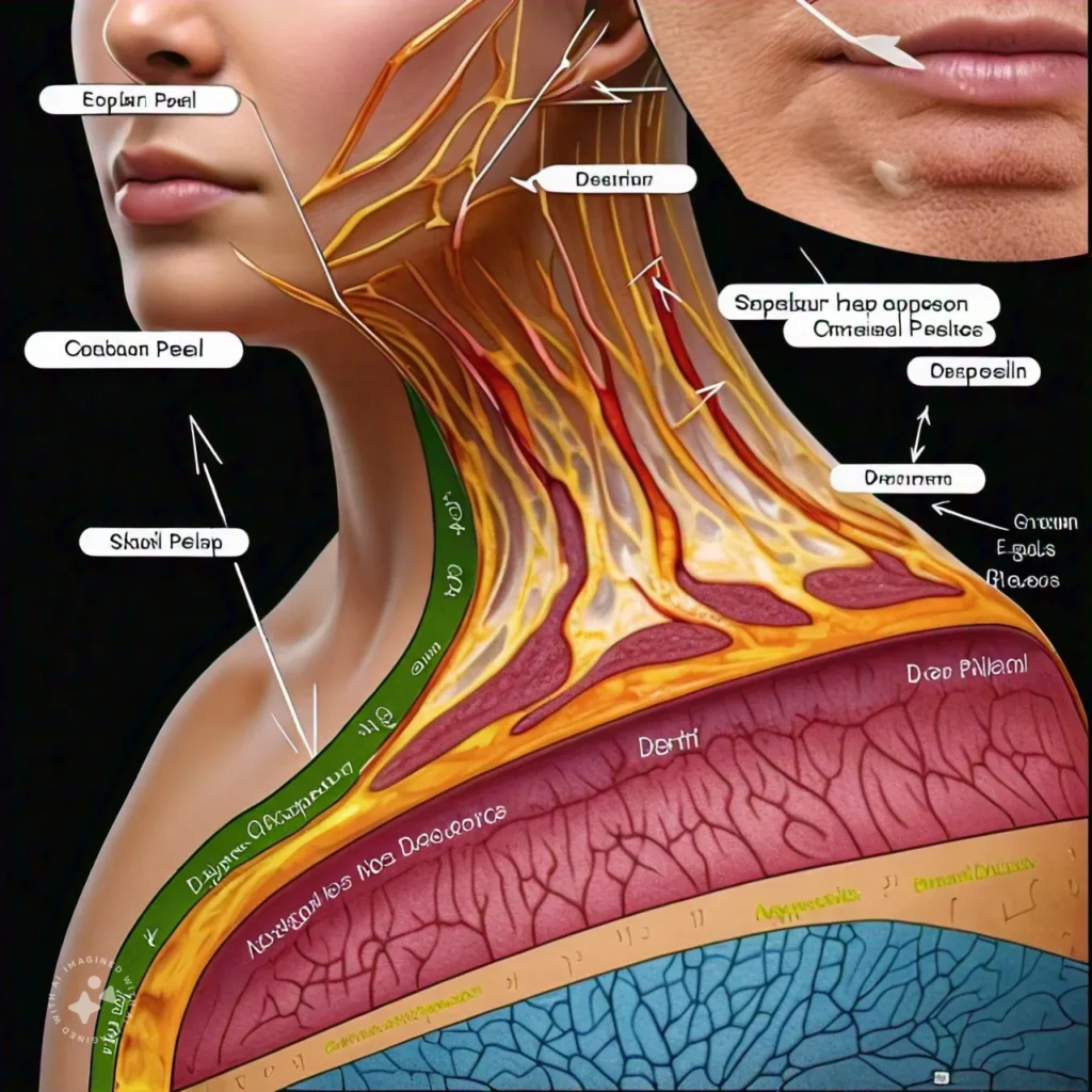 Skin layer diagram showing the depth of penetration for various chemical peel types.