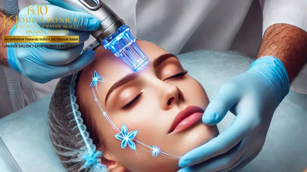 HydraFacial treatment in progress at KM Orgatonics in Gorakhpur, depicting a woman receiving the procedure with a specialized device and glowing blue light effects, highlighting the advanced skincare technology used.