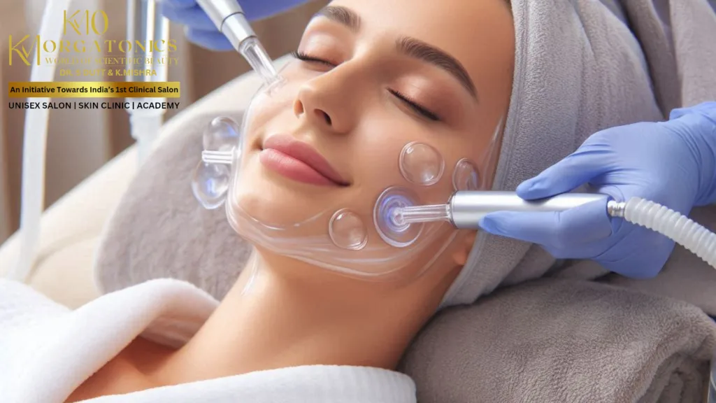 A woman receives a HydraFacial treatment at KM Orgatonics, a unisex salon, skin clinic, and academy in Gorakhpur, India.