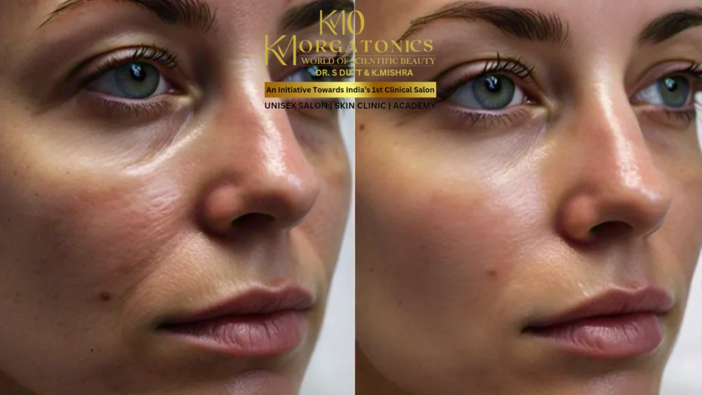 Before & After: See the visible results of Laser Carbon Peel treatment at KM Orgatonics, reducing wrinkles and improving skin texture.