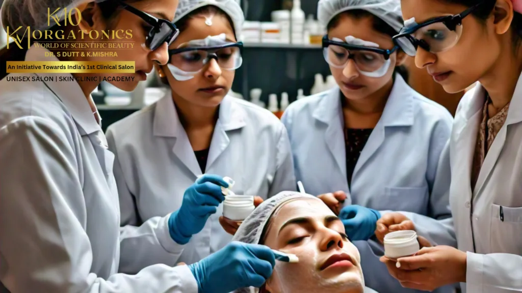 Image of trained professionals at KM Orgatonics in Gorakhpur applying facial treatments. The team is wearing lab coats and protective eyewear, demonstrating the clinic's focus on scientific beauty practices.