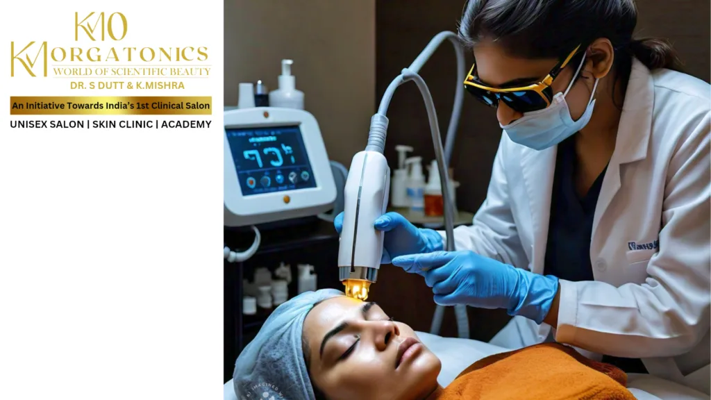 A skilled technician performs a laser treatment on a client's face at KM Orgatonics in Gorakhpur, India's 1st clinical salon.