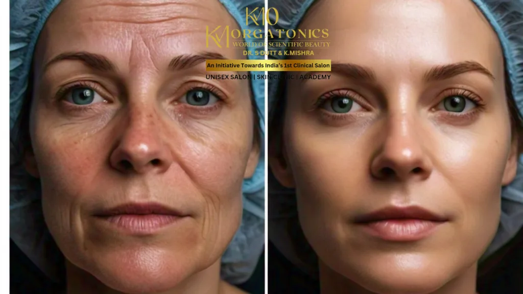 Before and after photo of a woman showcasing the results of KM Orgatonics Meso Glow treatment in Gorakhpur. The left image shows visible signs of aging, while the right image reveals a smoother, more radiant complexion.