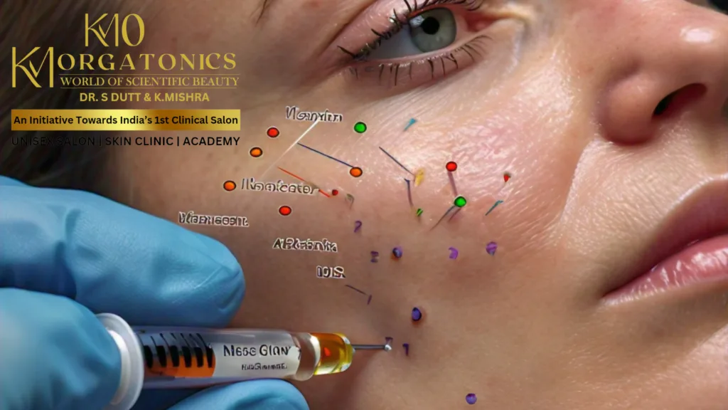 A close-up image showing the KM Orgatonics Meso Glow treatment being administered in Gorakhpur. A syringe labeled "Meso Glow" is visible, along with markings on the client's face indicating injection points.