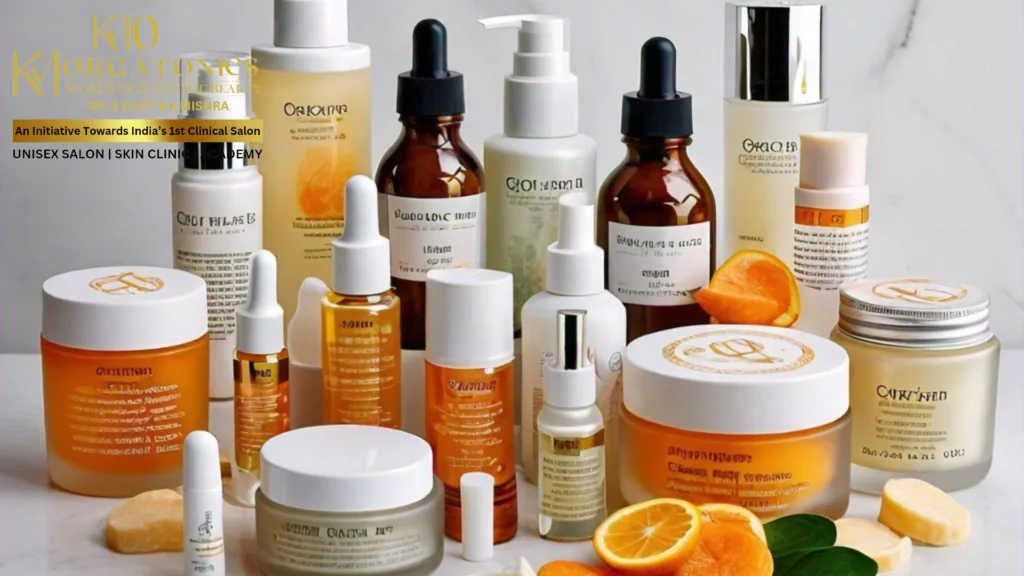 An array of skincare products from KM Orgatonics, highlighting the brand's focus on natural and scientifically formulated skincare solutions.